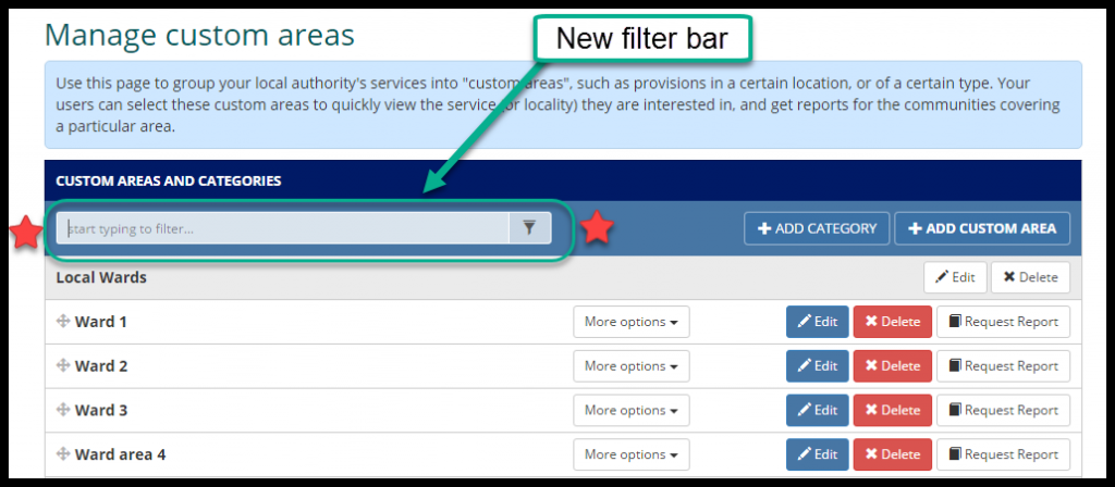 Filter bar on manage custom areas page