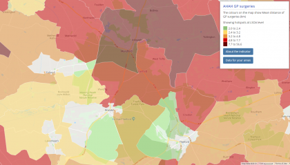 Map from Local Insight shows hotspot areas for poor access to GPs 