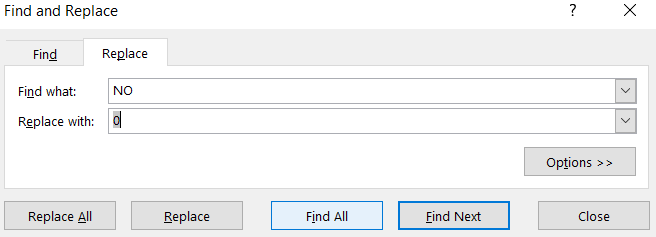 Screenshot showing the Find and Replace all functionality in Excel