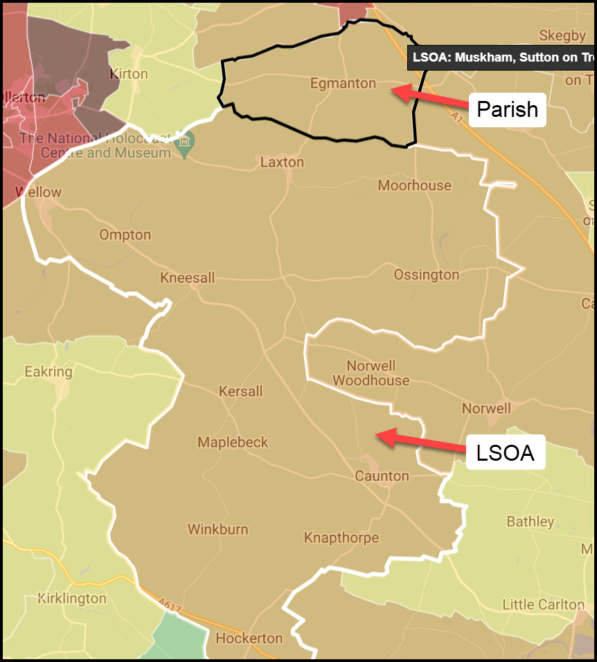 The parish of Egmanton and the LSOA it sits within shown on the map